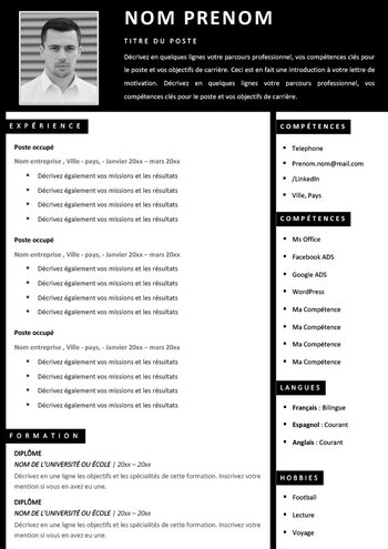 Modèle de CV noir et blanc gratuit Word