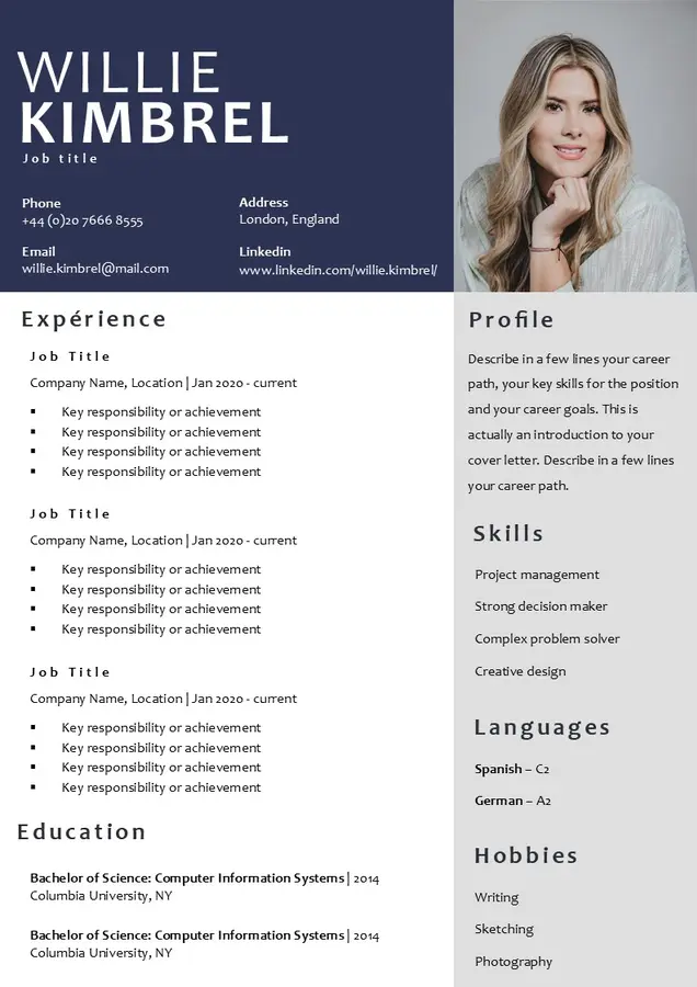CV anglais avec photo gratuit (2025)