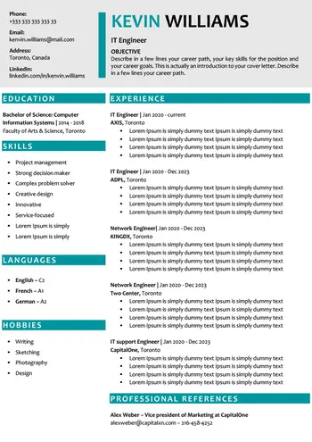 CV anglais sans photo Word