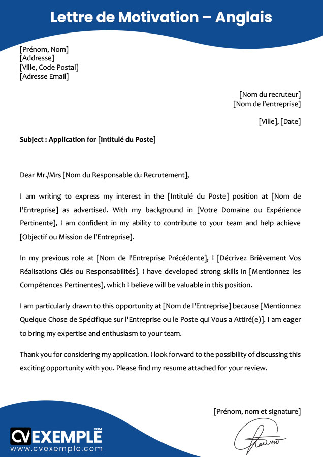 Lettre de motivation en anglais gratuite